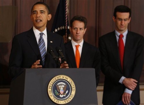 President Obama, accompanied by Budget Director Peter Orszag, right, and Treasury Secretary Tim Geithner, speaks about his fiscal 2010 federal budget, in the Eisenhower Executive Office Building.